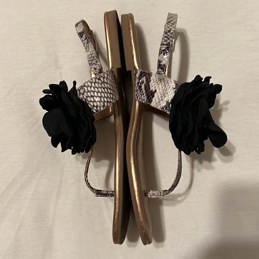 BCBGeneration sz 7 gold sandals w/black flower & snake print straps GUC No box